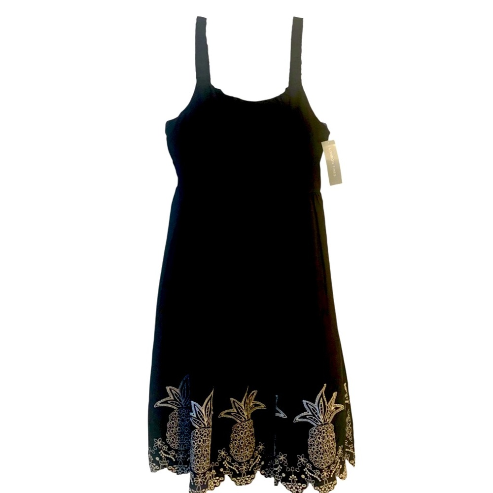 London Times Embroidered Pineapple Gathered Strap Black Midi Dress Women Size XL